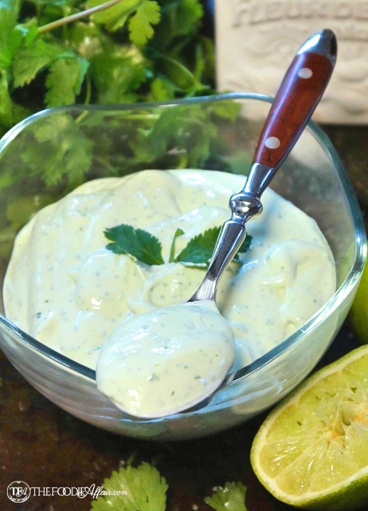 Light green avocado cream sauce to add to any Mexican dish for additional flavor #sauce #fishtacosauce #avocado | www.thefoodieaffair.com