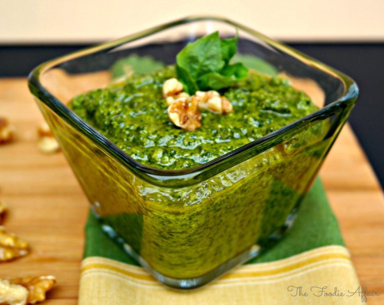 Healthy and simple Basil Pesto with Walnuts, a rich sauce that can be eaten with bread and crackers or tossed onto cold or hot pasta.