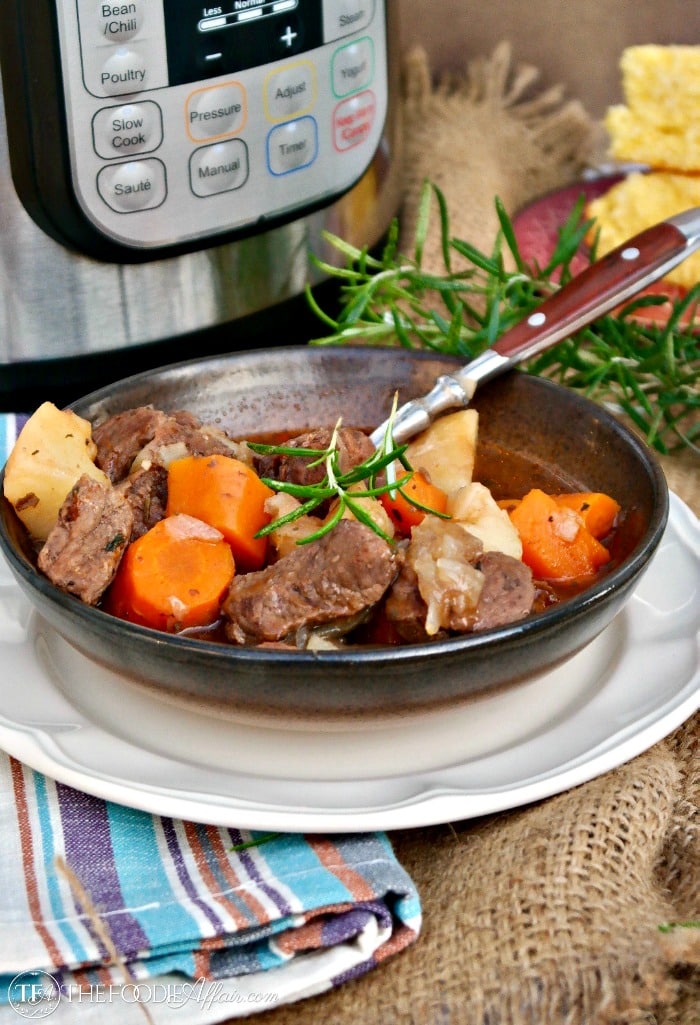 Hearty Beef Stew Pressure Cooker Recipe only takes 35 minutes to cook using an Instant Pot! #instantpot #beef #stew | www.thefoodieaffair.com