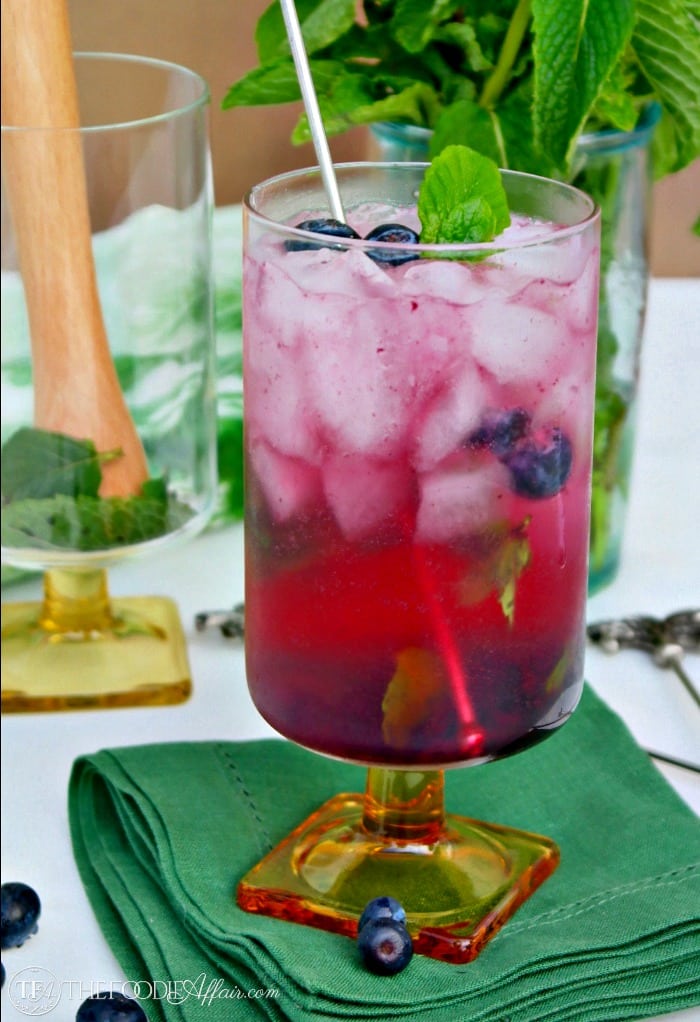 Blueberry Mojito Cocktail made with fresh mint, blueberries, lime juice, rum and a splash of club soda!