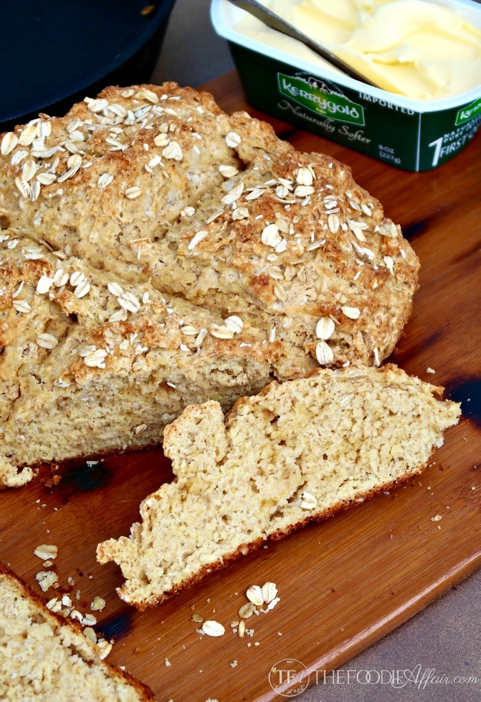 Irish Brown Soda Bread with whole wheat pastry flour, wheat germ, old-fashioned oats and brown sugar! This hearty and flavorful bread is fabulous right out of the oven with butter! The Foodie Affair