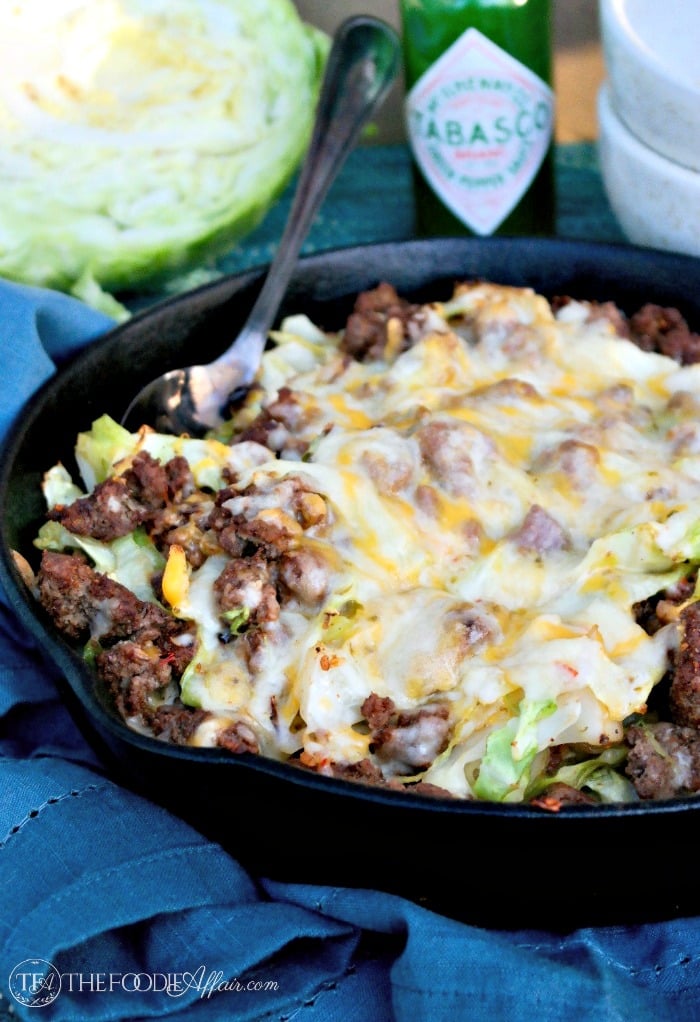 Tex Mex cabbage beef skiillet in a cast iron pan