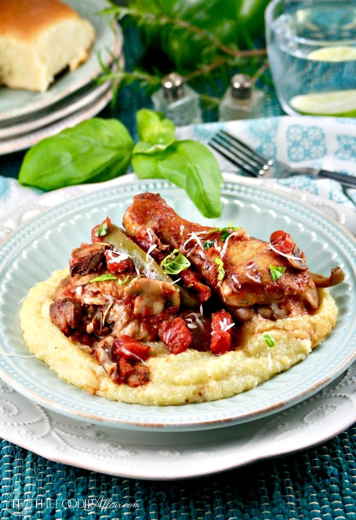 Chicken Cacciatore over creamy polenta #chicken #cacciatore #Italian #Lenox #Ad | www.thefoodieaffair.com