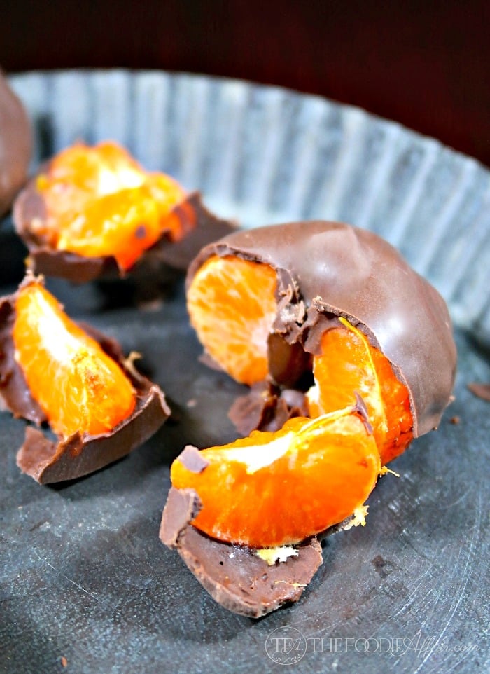 Chocolate Dipped Oranges on a tin tray