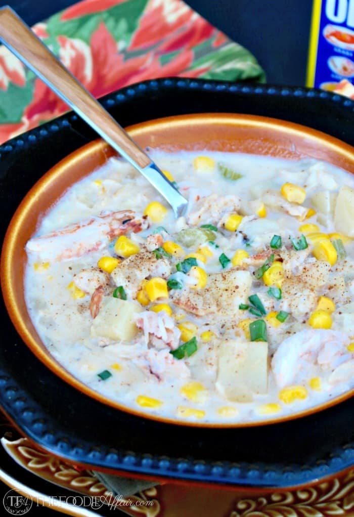 Crab Chowder in a black bowl