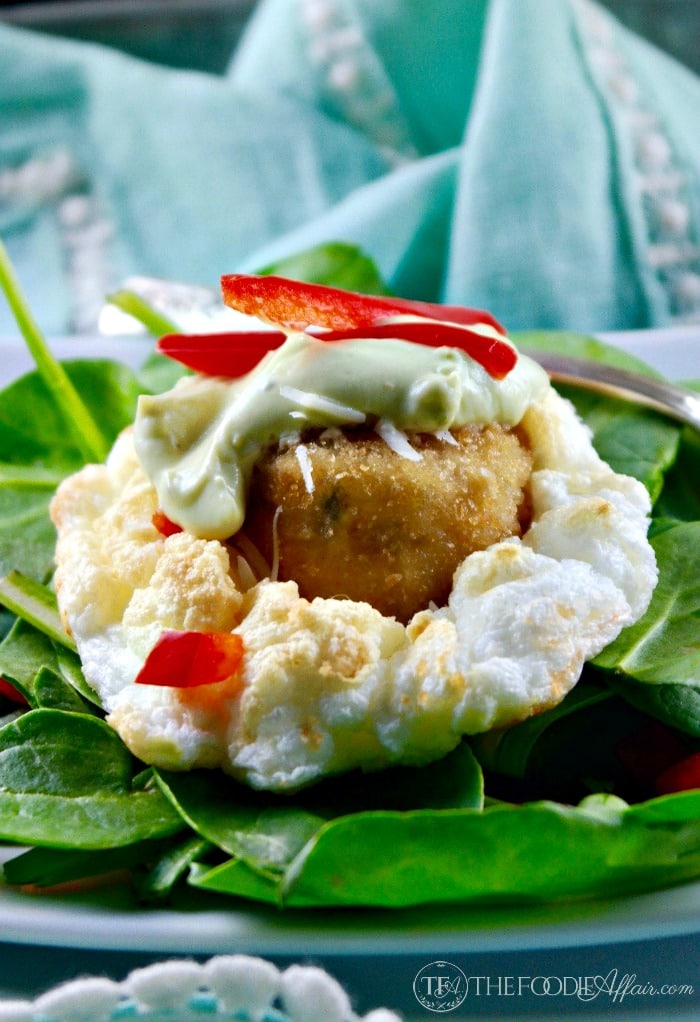 Crabless Cakes in Clouds with an avocado cream sauce makes a great appetizer or addition to a brunch menu! The Foodie Affair