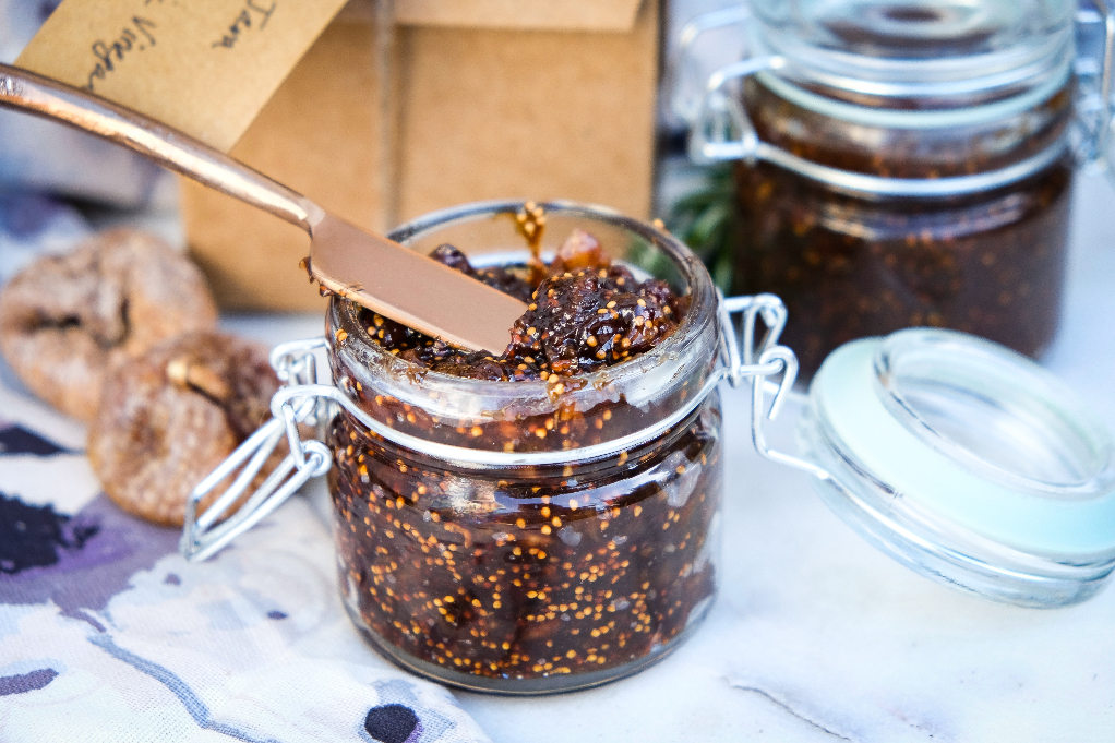 Homemade chutney in a clear jar.