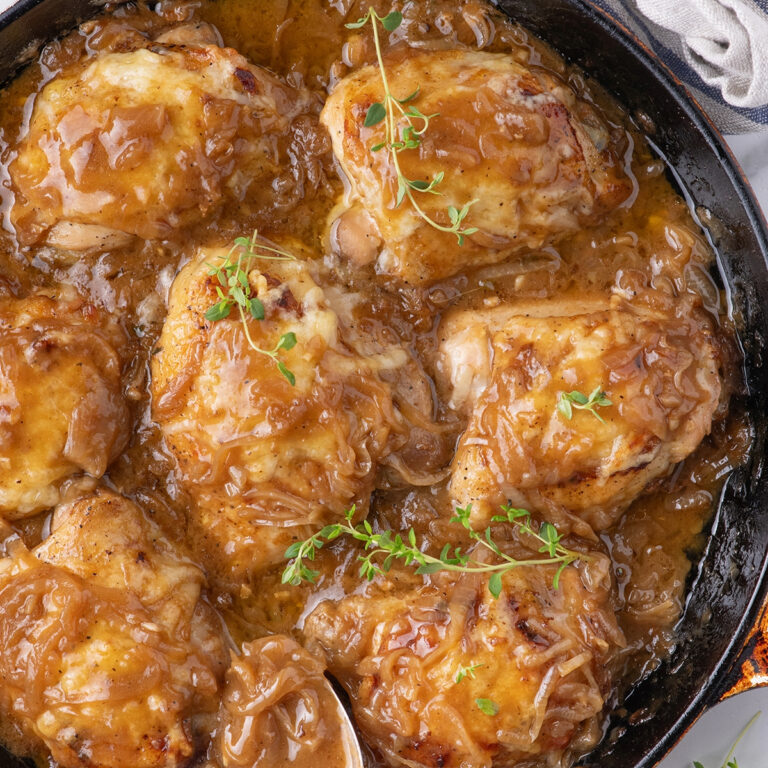French onion chicken in a skillet.