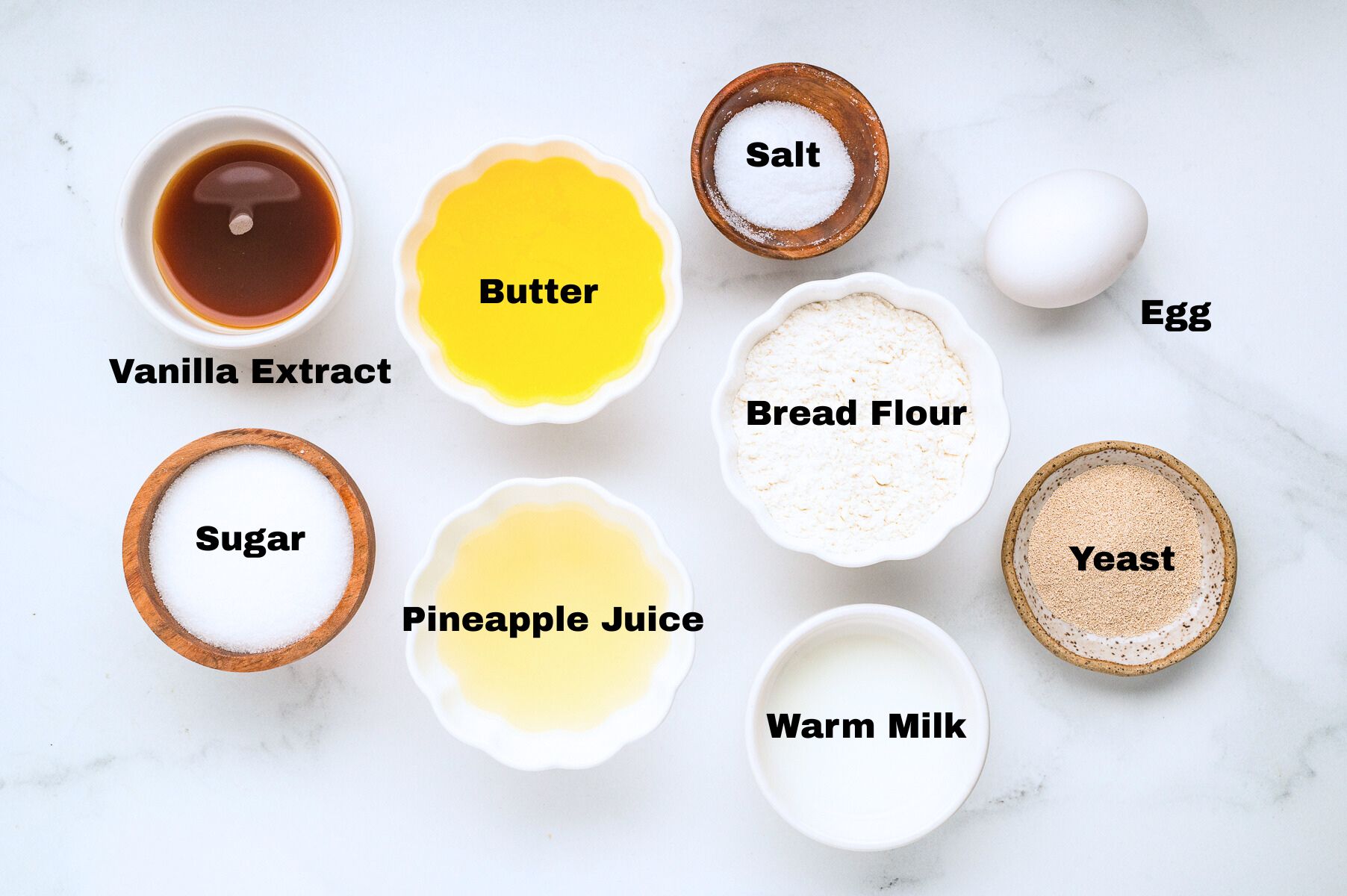 Ingredients to make homemade Hawaiian dinner rolls.