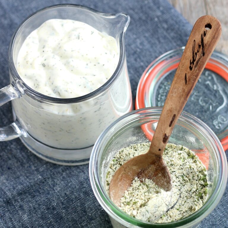 Dry homemade ranch dressing mix in a glass container