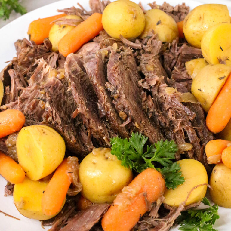 Roast beef with new potatoes and carrots