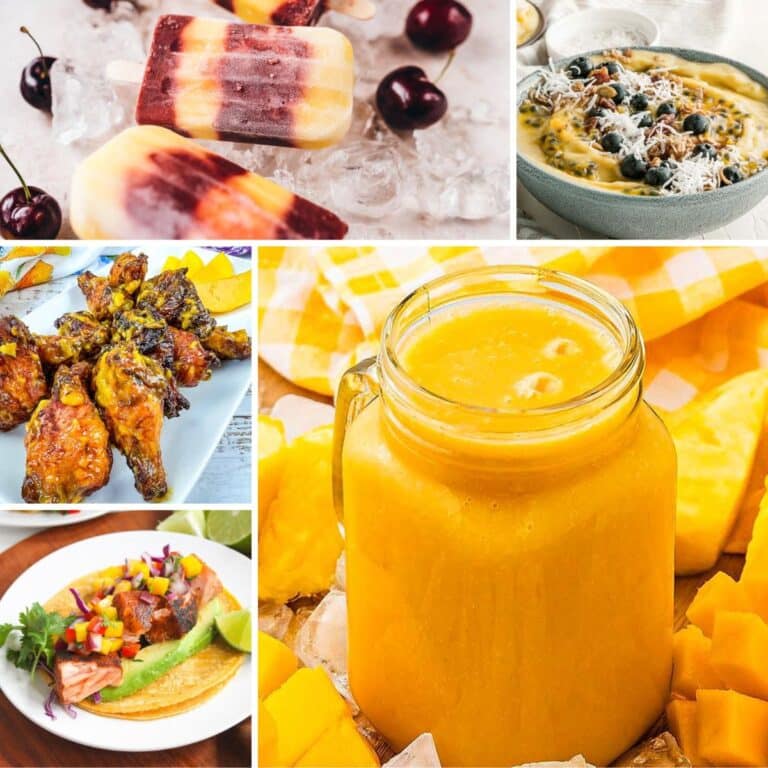 Square collage image of mango recipes.