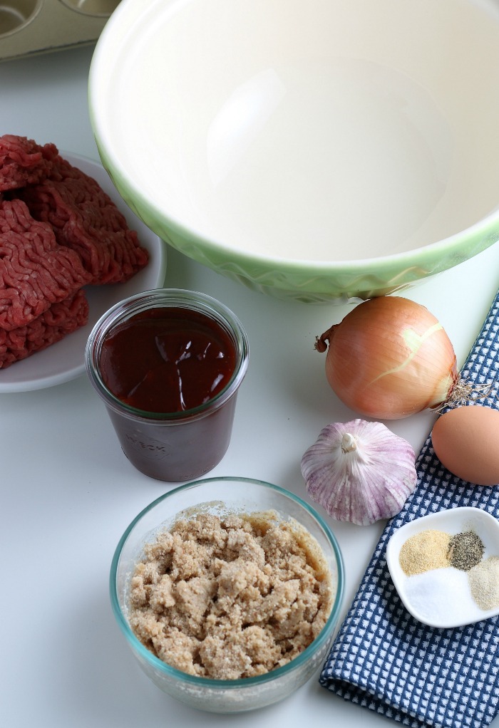 The ingredients for easy meatloaf recipe laid out before we begin cooking.