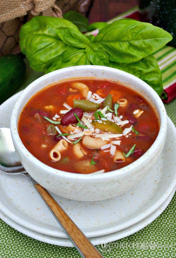 This healthy and delicious Minestrone Soup is pure comfort food! Made with a variety of vegetables and a unique pasta make from chickpeas. Try this high protein, gluten-free dish! The Foodie Affair