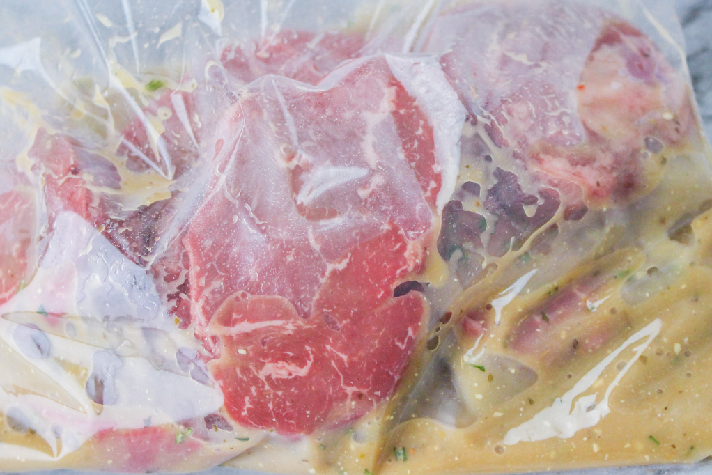 Steak in an Italian dressing marinade.