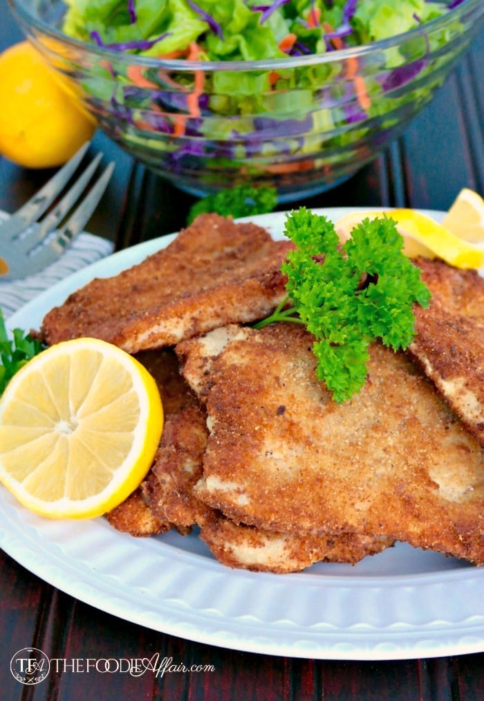 Pork Schnitzel on a white dinner plate