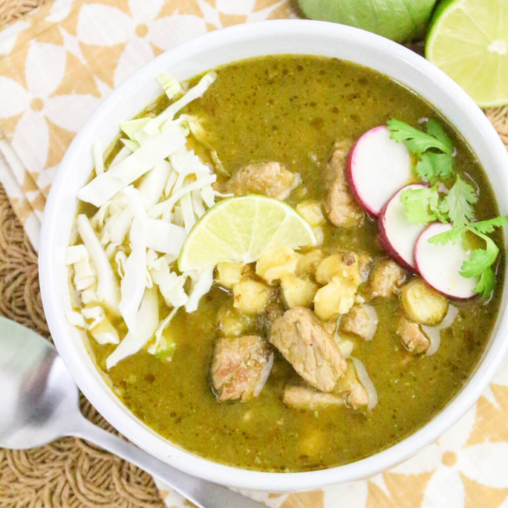 Pork verde pozole recipe cooked on the stovetop.