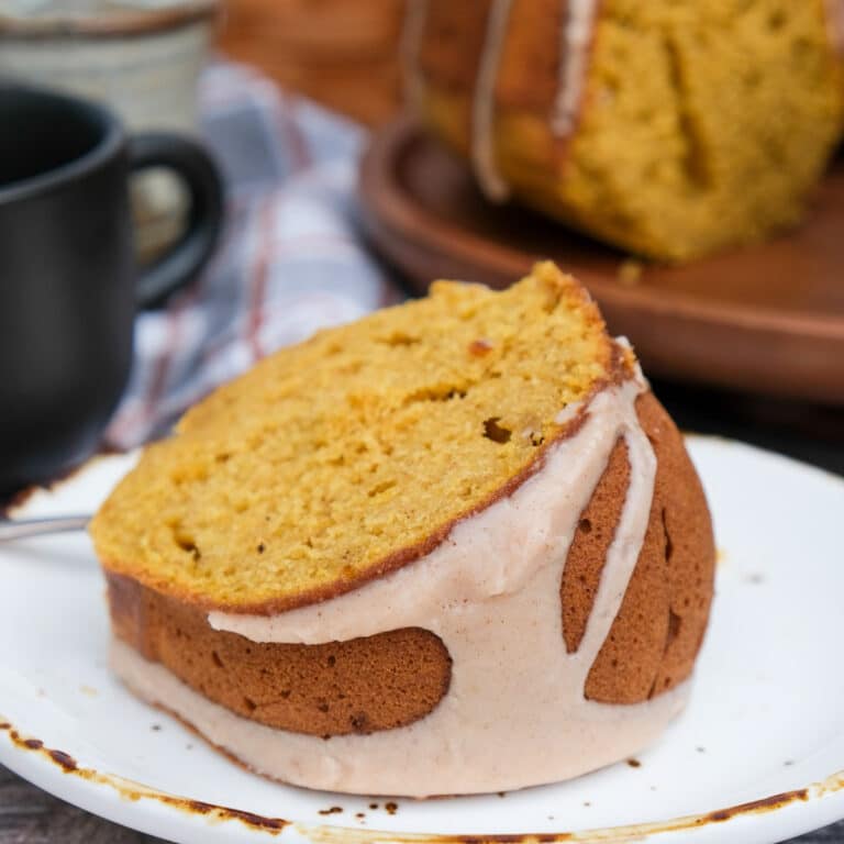 Pumpkin pound cake baked in a bundt pan.