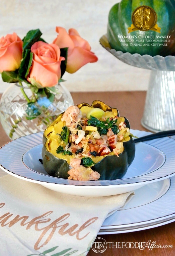 Chicken Sausage Stuffed Acorn Squash in a gray rimmed Lenox China bowl #Squash #Sausage | www.thefoodieaffair.com