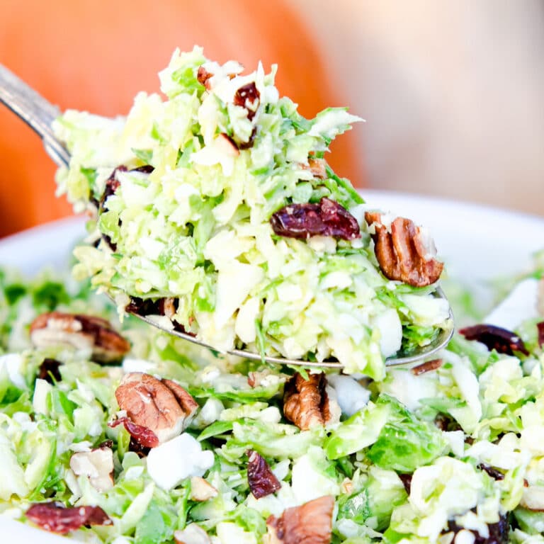 Shaved Brussel Sprout Salad recipe close view.