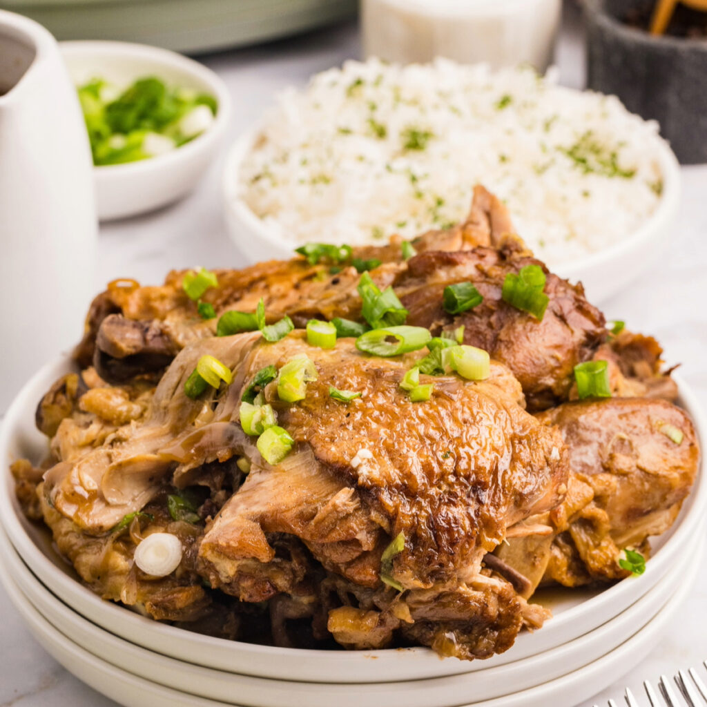 Slow cooker chicken adobo on a white plate ready to enjoy with cooked rice on the side.
