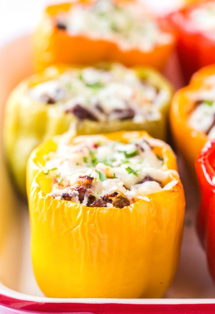 Stuffed peppers in a casserole dish.