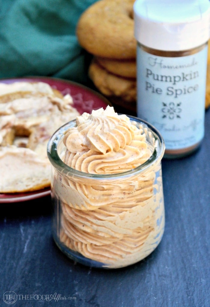 Sugar Free Pumpkin Spice Butter with homemade spices topped on a low carb pumpkin bagel #PumpkinSpice #Butter | www.thefoodieaffair.com