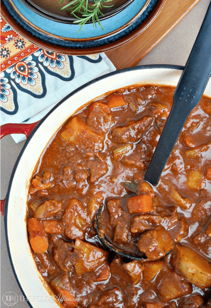 Rich hearty Beef Stout Stew with potatoes, carrots and celery for a complete Irish main dish! The Foodie Affair